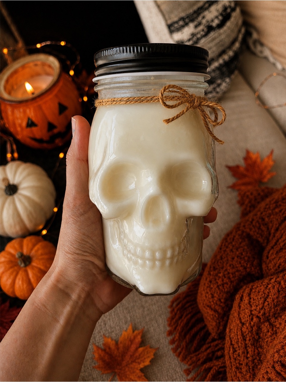 Handmade White Skull Jar Candle with Twine Accent